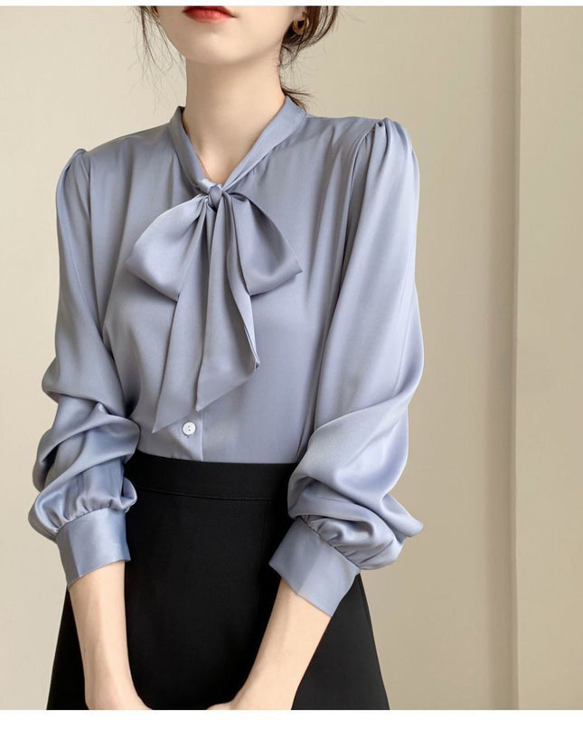 Lace-up Bow Business Wear Solid Color Bottoming Long Sleeve Shirt