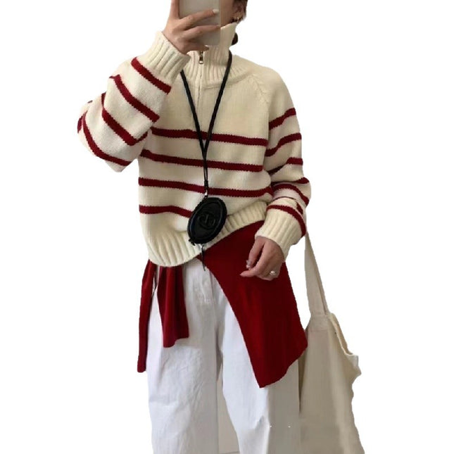 Korean Style Half Turtleneck Zipper Pullover Knitting Vintage Stripe Sweater