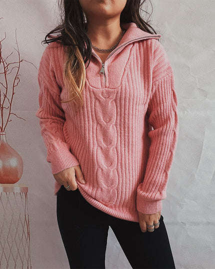 Twist Vertical Stripes Zipper And Lapel Long Sleeve Sweater