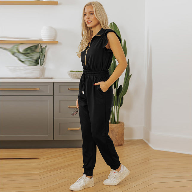 Women's Pure Color Casual Versatile High Waist Multi-pocket Jumpsuit