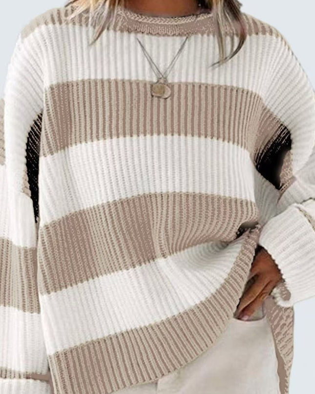 Loose Striped Sweater Fashion Casual Long Batwing Sleeve Round Neck Pullover Knit Tops Women Clothing