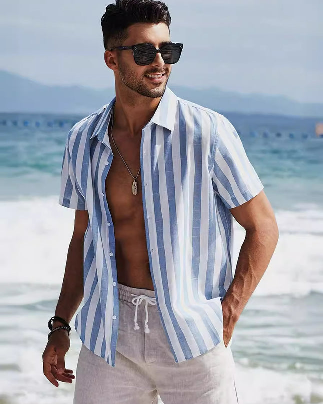 Casual Fashion Short Sleeve Striped Dress Shirt Cotton Beach Shirt