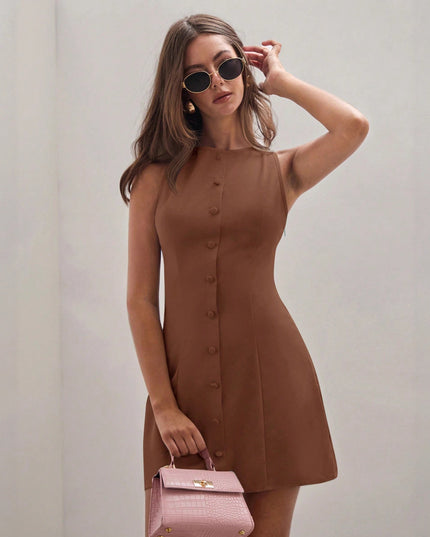 Women's Solid Color Temperament Breasted Sleeveless Dress