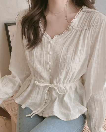 Loose And Sweet Solid Color Long-sleeved Waist Top