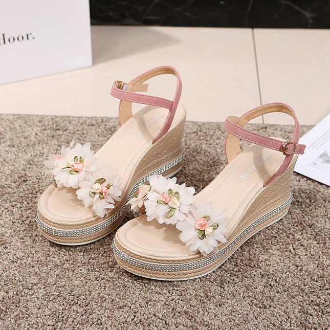 Muffin Wedge Beaded Flower Buckle Sandals