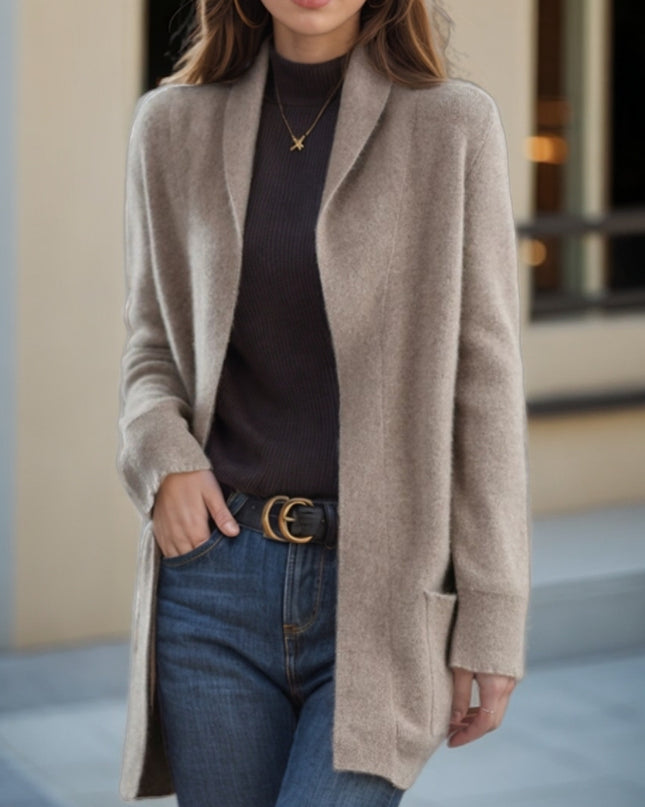 New Polo Collar Solid Color Long-sleeved Knitted Cardigan Loose Pockets Sweater Coat For Women