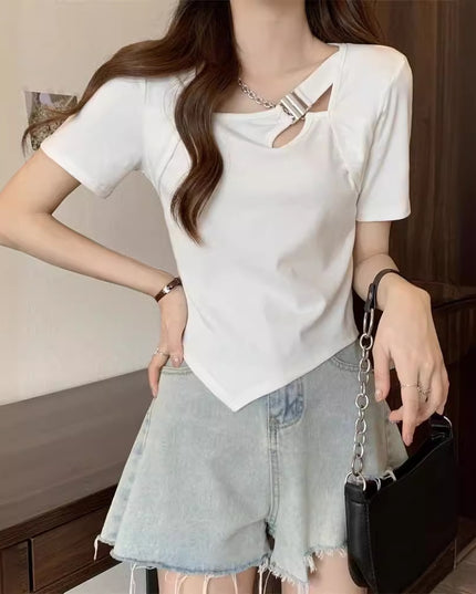 Slim Fit And Thin Cover Belly Hot Girl Irregular Short-sleeved T-shirt For Women