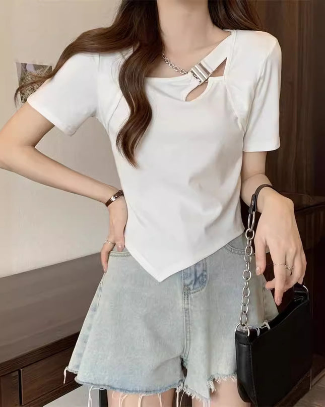 Slim Fit And Thin Cover Belly Hot Girl Irregular Short-sleeved T-shirt For Women