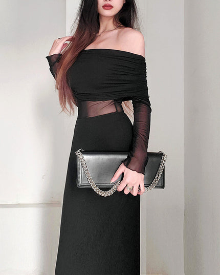 Women's Winter Sexy Off-the-shoulder Pleated Long Sleeve Polyester Dress