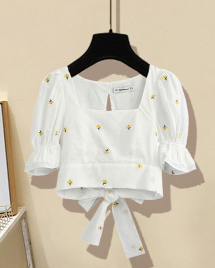 Women Sweet Fashion Floral Embroidery Cropped Blouses