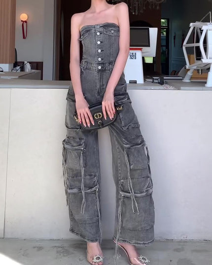 Denim Tube Top Single-breasted Jumpsuit
