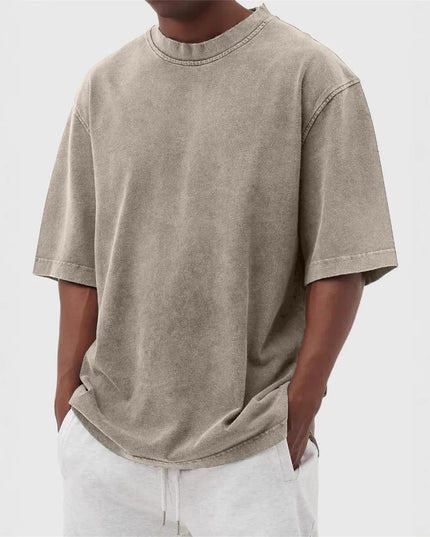 Men's Washed Fried Color Distressed Solid Color Pullover Short T-shirt