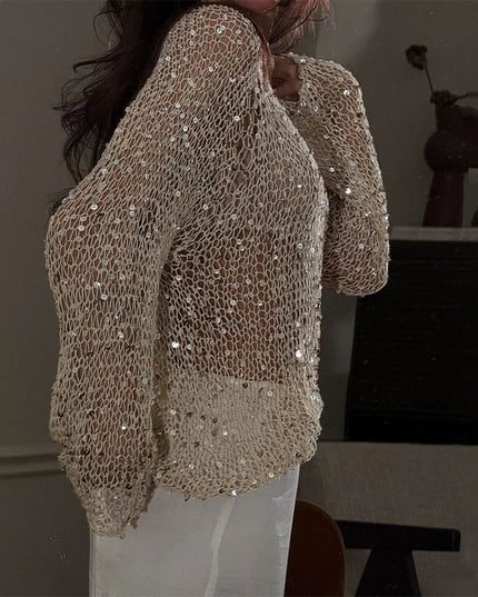 Sequined Hollow-out Long-sleeved Top Casual Style Loose Knitted