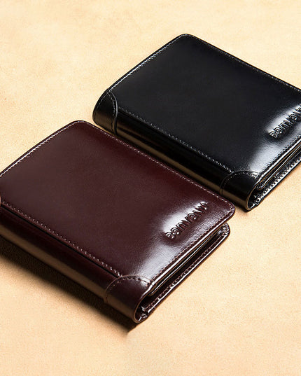 Men's Short Matte Leather Tri-fold Vertical Wallet