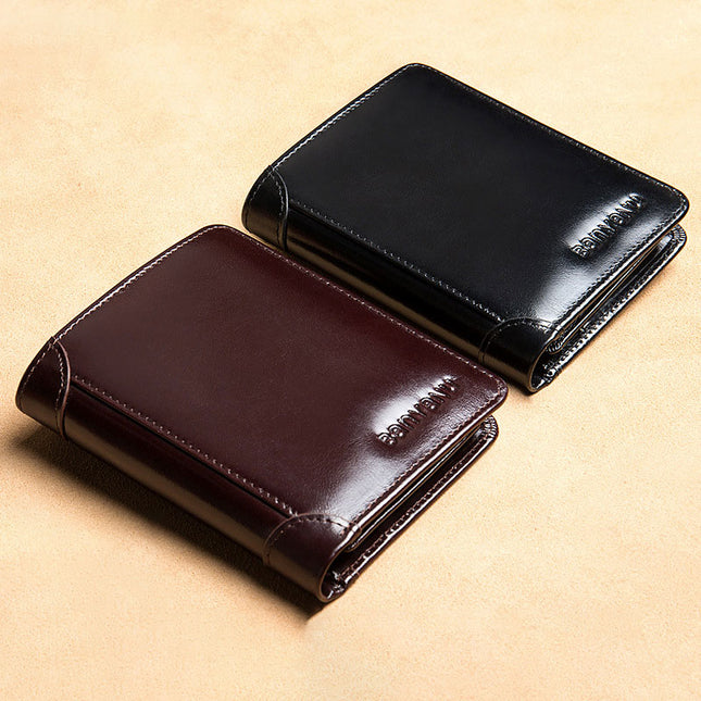 Men's Short Matte Leather Tri-fold Vertical Wallet