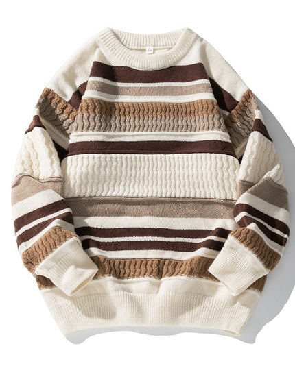Japanese Round Neck Sweater Men's Striped Color Contrast Patchwork