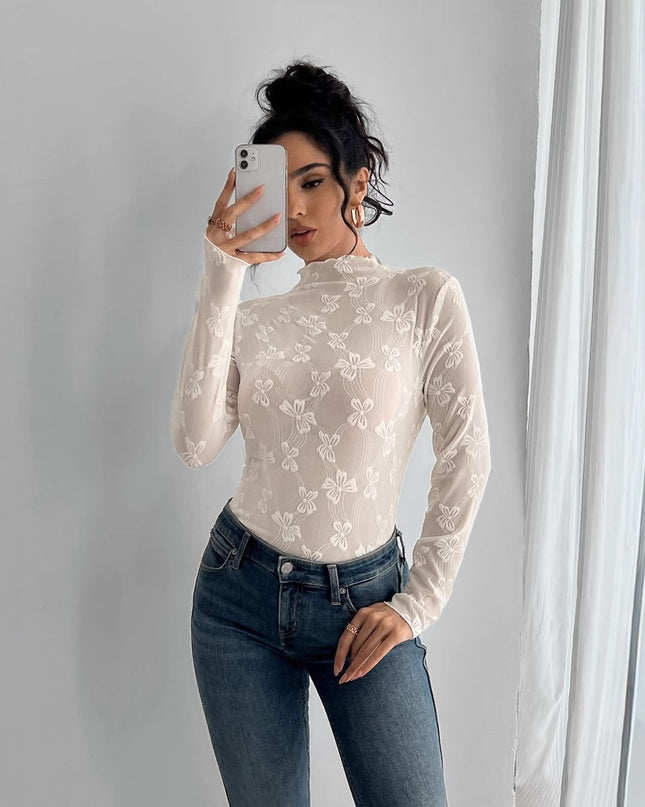 Butterfly Jacquard Mesh Slim Fit Stand-up Collar Long-sleeved