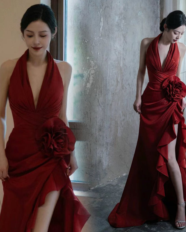 Socialite Style Wine Red Elegant Halter Bride Wedding Toast Dress