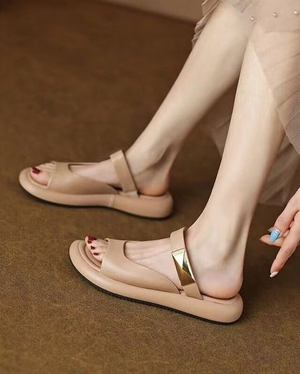Peep Toe Flat For Outdoors French Soft Leather Platform Sandals