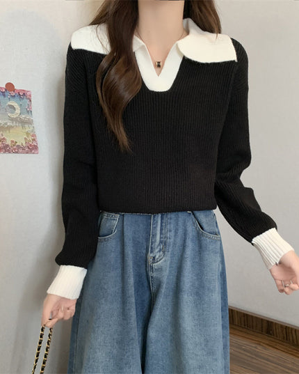 Contrast Color Polo Collar Soft Glutinous Sweater Women's Autumn And Winter