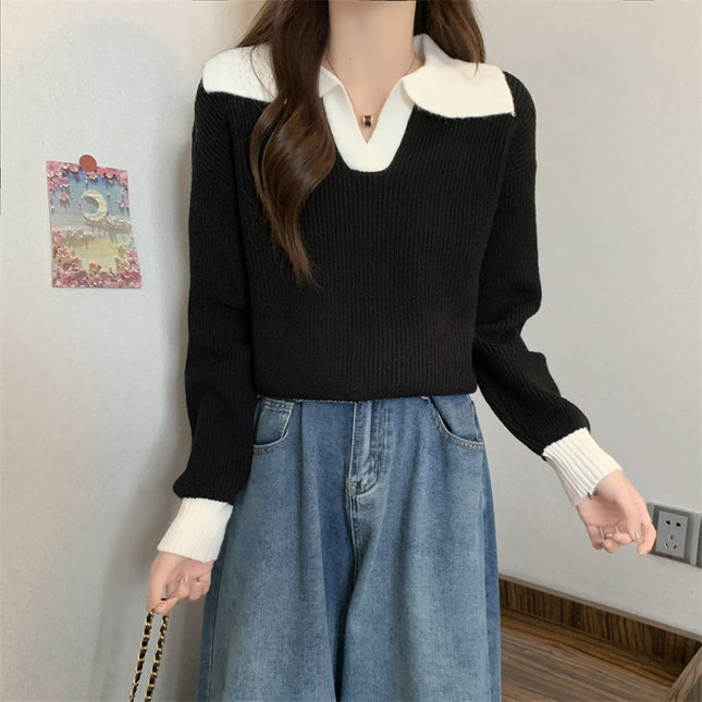 Contrast Color Polo Collar Soft Glutinous Sweater Women's Autumn And Winter
