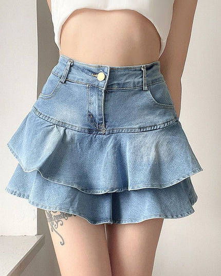 Women's Double-layer Ruffled Denim Skirt Retro Easy Matching High Waist Slimming