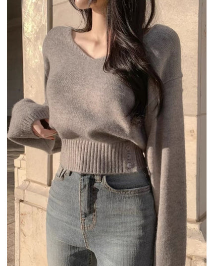 Solid Color And V-neck Side Buckle Waist Slimming Versatile Spring Top