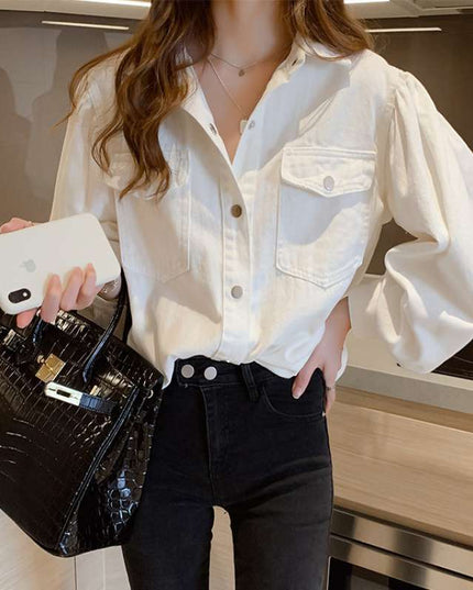 Blouses Shirts Women Spring Pockets Long Sleeve Fashion Solid Korean