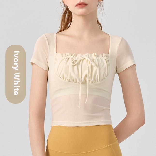 Lace Pleated Yoga Clothing Top Sports Short Sleeve With Chest Pad