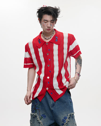 Men's Patchwork Striped Niche Retro Knitted Short Sleeved Shirt