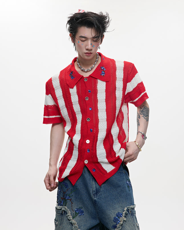 Men's Patchwork Striped Niche Retro Knitted Short Sleeved Shirt