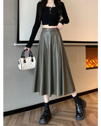 Leather Medium Length Simple A- Line Umbrella Skirt
