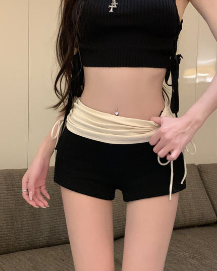 Women's Summer Pleated High Waist Contrast Color Drawstring Casual Shorts