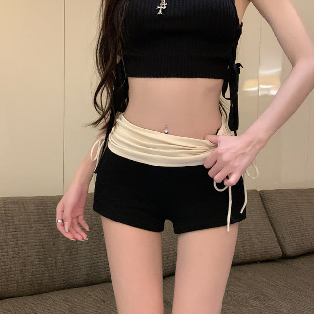 Women's Summer Pleated High Waist Contrast Color Drawstring Casual Shorts