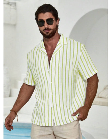 Geometric Contrast Color Striped 3D Digital Printing Short Sleeve Shirt