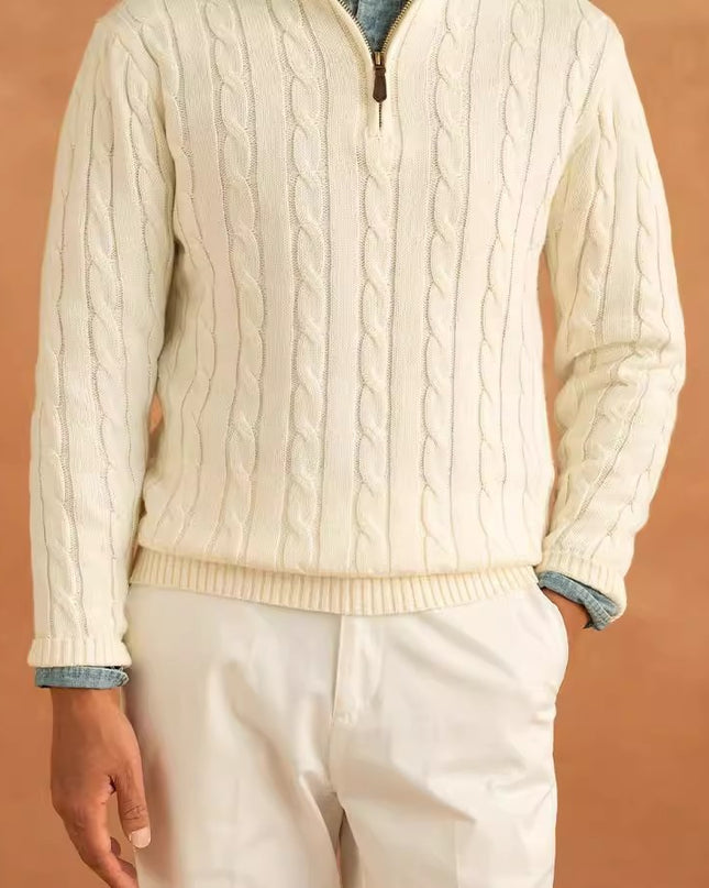 Long Sleeve Pullover Half Zipper Twisted Casual Solid Color Men's Sweater
