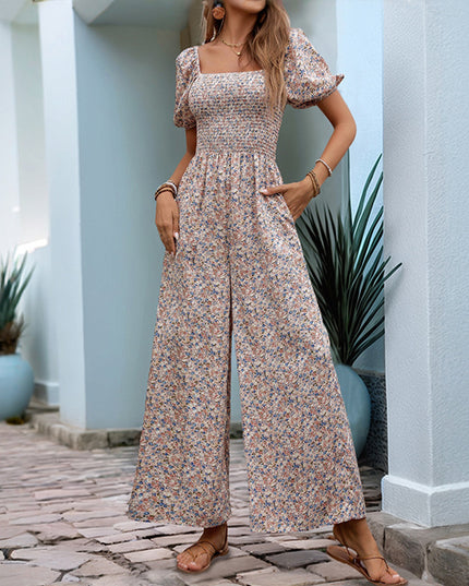 Square Collar Puff Sleeve Vacation Style Floral Jumpsuit