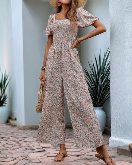 Square Collar Puff Sleeve Vacation Style Floral Jumpsuit