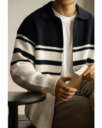 Young Contrast Color Striped Lapel Sweater Men's Casual Zipper