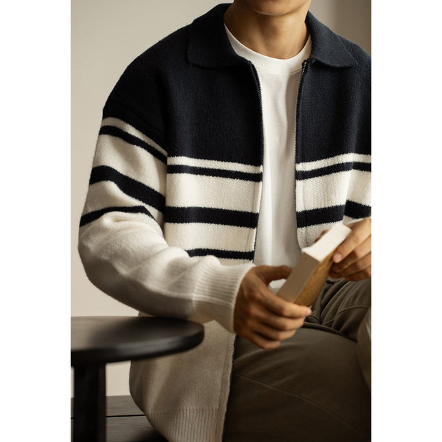 Young Contrast Color Striped Lapel Sweater Men's Casual Zipper