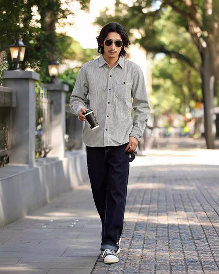 Vertical Striped Single Bag Shirt Men's Retro Long Sleeve