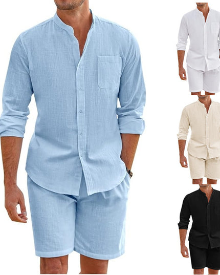 Men's Summer Two-piece Polyester Button Shirt Long Sleeve Shorts