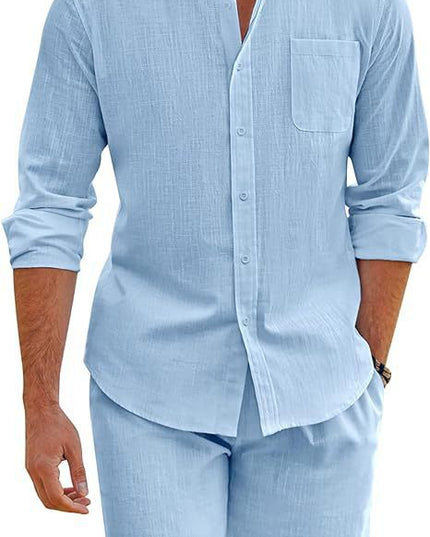 Men's Summer Two-piece Polyester Button Shirt Long Sleeve Shorts