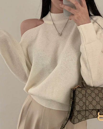 Retro Crew Neck Hollow Out Shoulder-baring Loose Sweater