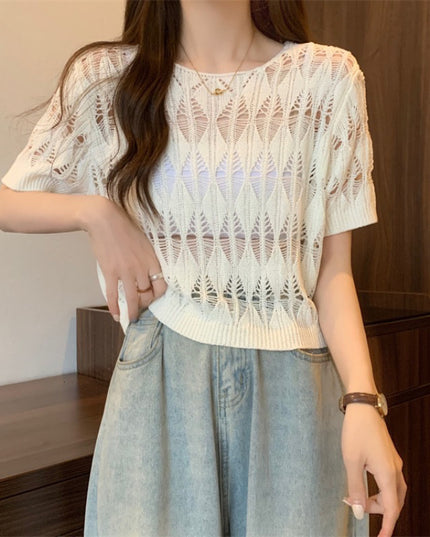 Hollow-out Ice Silk Sweater Short Sun-drying Shirt Top Short Sleeve