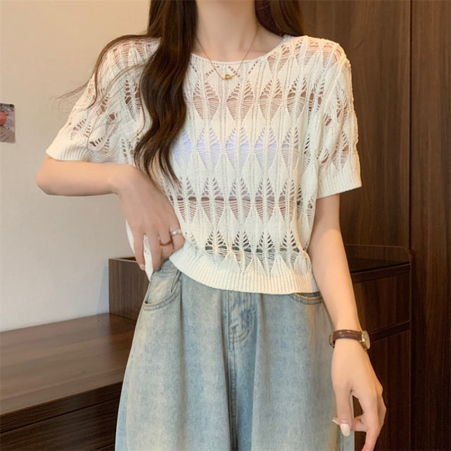Hollow-out Ice Silk Sweater Short Sun-drying Shirt Top Short Sleeve