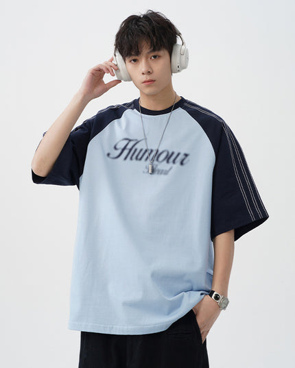 Retro Contrast Color Bright Line Raglan Sleeve Short Sleeve T-shirt Men's Summer New