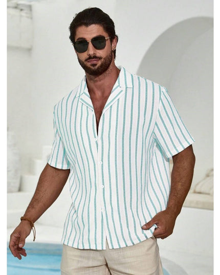 Geometric Contrast Color Striped 3D Digital Printing Short Sleeve Shirt