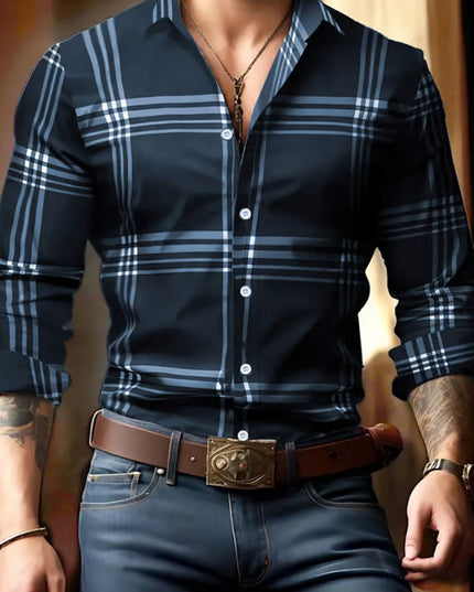 3D Digital Printing Striped Plaid Men's Long Sleeve Shirt