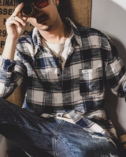 Retro Plaid Shirt Men's Long Sleeve Loose All-matching